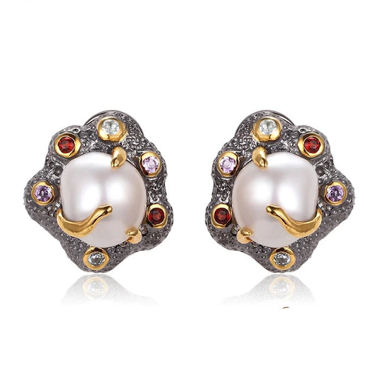 Stud Artificial Pearl Earrings 925 Sterling Silver Latest Design Women Handmade CLASSIC Perfect Lead & Nickel Free Silver Stone