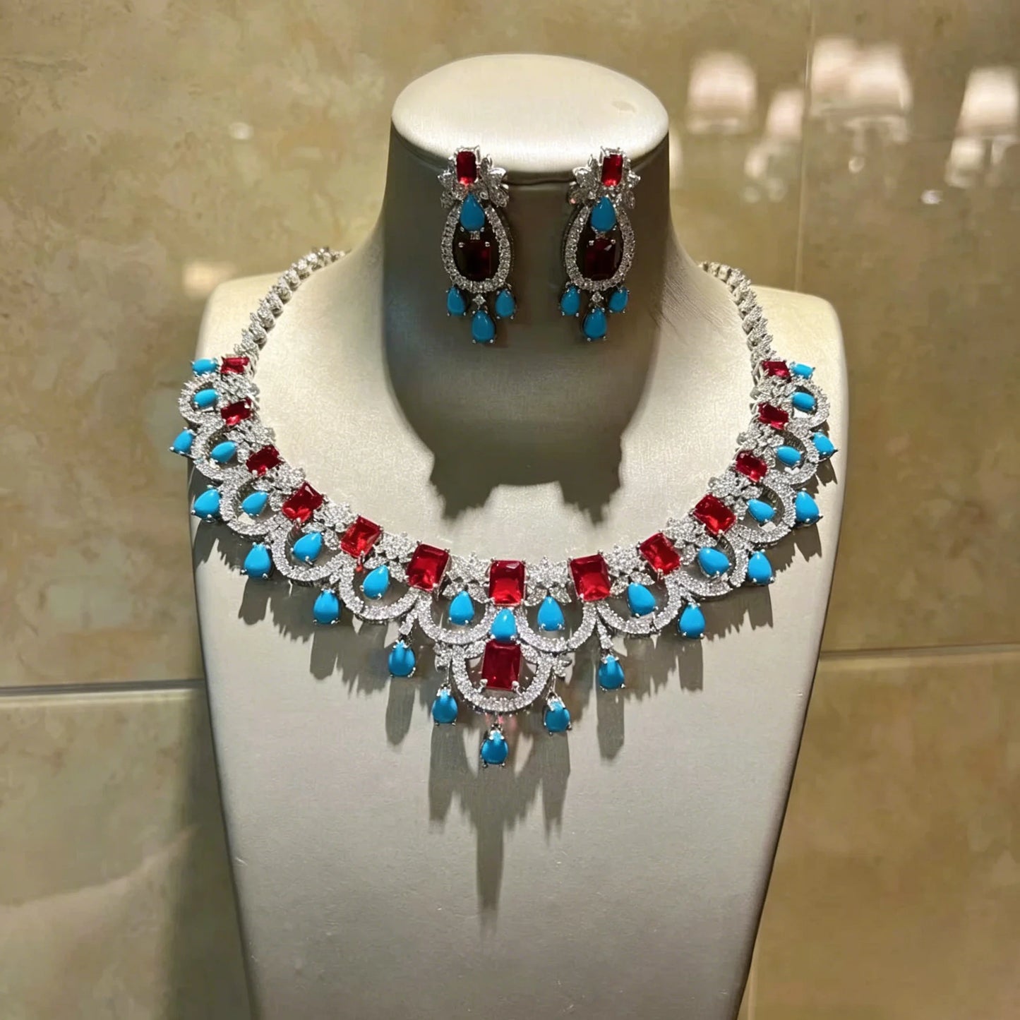 XM S414 Silver Plated Marquise Cut Turquoise Ruby-Tone Crystal Tassel Choker Necklace & Drop Earrings Set