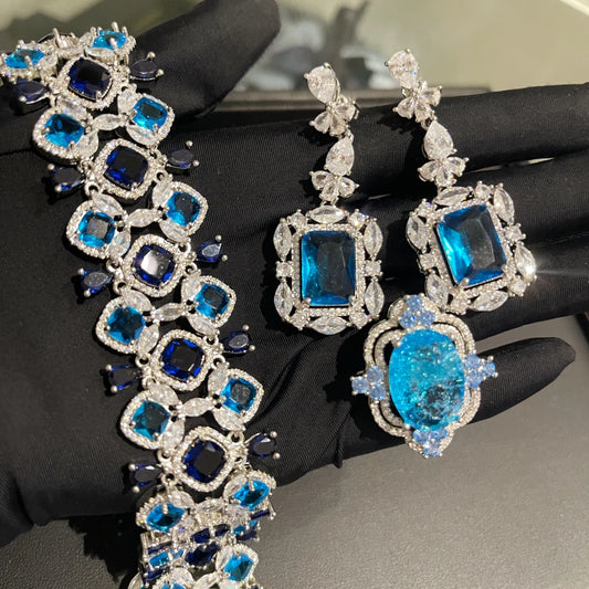 TIANSHE Luxury Blue Gemstone Jewelry Long Drop Earrings Bracelet Ring 3Pcs Set Wedding Banquet for Women