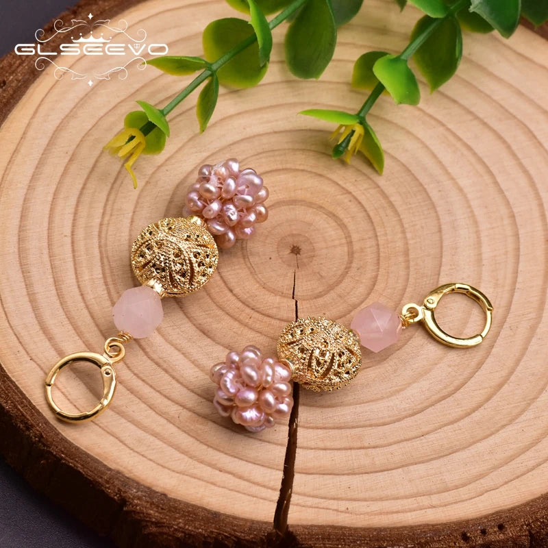 GLSEEVO Fresh Water Pink Baroque Pearl Dangle Flower Earrings for Women Girls Daughter Cute Jewellery for Birthday Party GE0961B