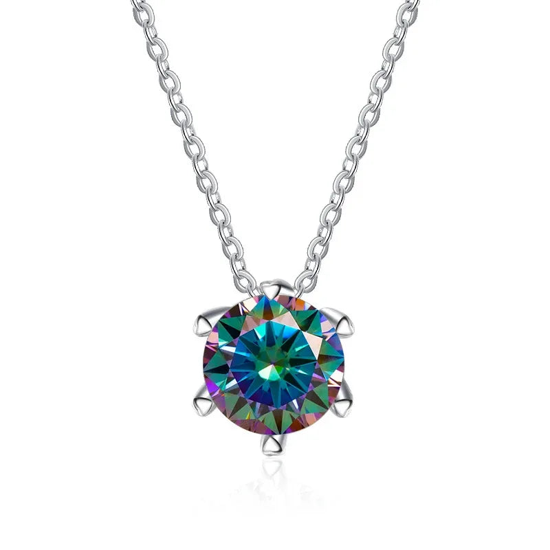 Factory Custom Minimalist 925 Sterling Silver Six Claw Set Round Cut 1 Carat Colorful Moissanite Pendant Necklaces Women