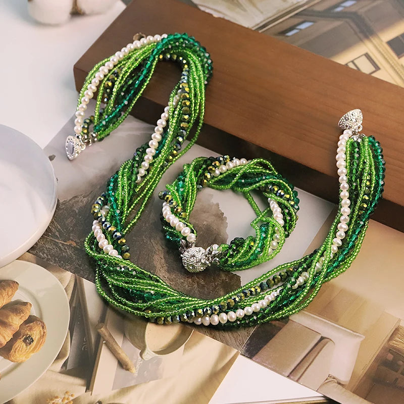 Natural Freshwater Pearl Green Glass Bead Jewelry Set for Women Wedding Banquet Party Dainty Pearl Jewelry Set Luxury Jewelry