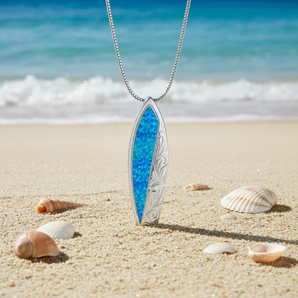 Hawaii Beach Surfboard Women's Lab Created Blue Opal Silver Plated Copper Alloy Box Chain Necklace for Anniversary