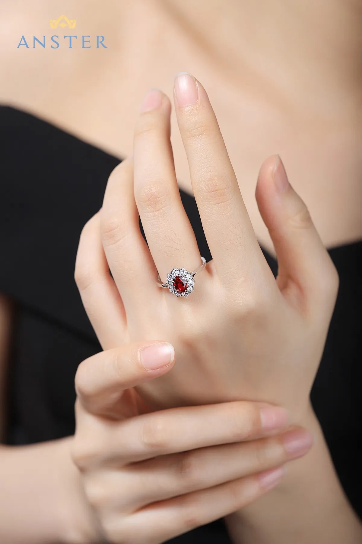 Gemfiori Vintage 3PCS/Set Rhodium Plated Lab Grown Ruby Bridal Ring Necklace Earrings Wedding Anniversary Sets for Engagement Party