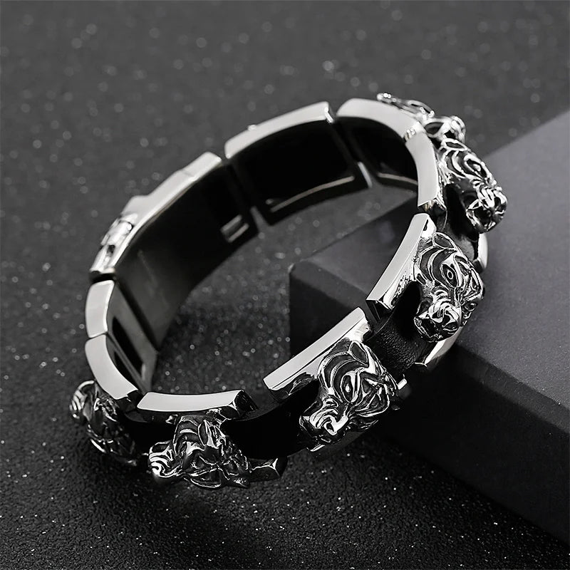 REBEL Punk Fine Jewelry Fashion Bracelets Stainless Steel Leather Tiger Charm Links Bracelet