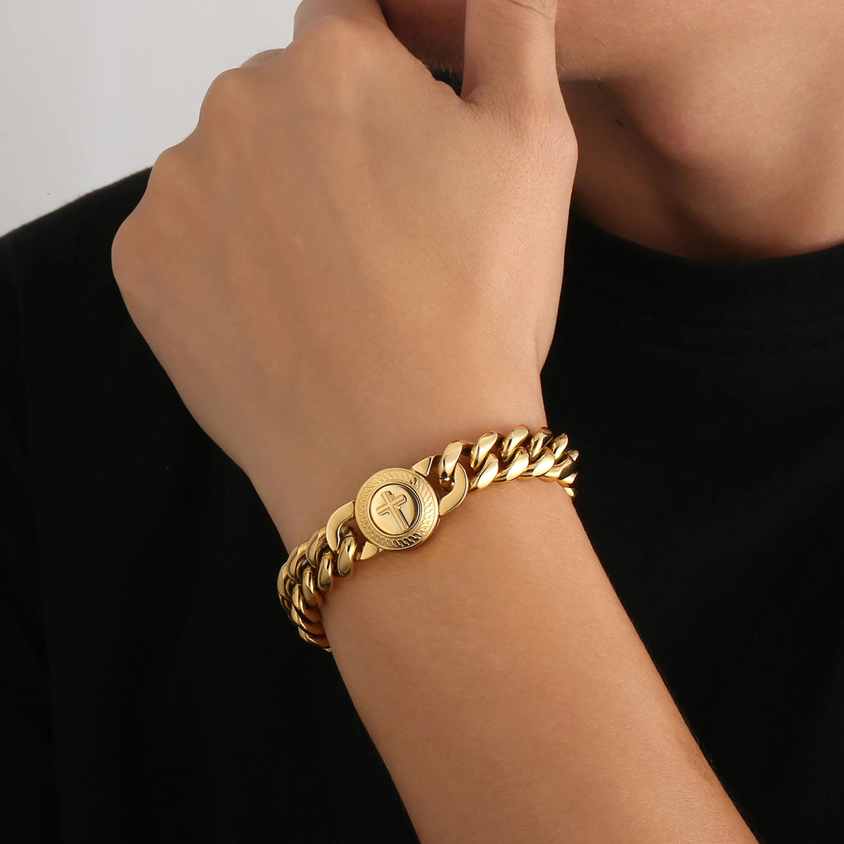 S&S Easter Faith Gifts Cross Lion Compass Anti-tarnish Jewelry 18K Gold Plated Stainless Steel Mens Miami Cuban Link Chain Bracelet