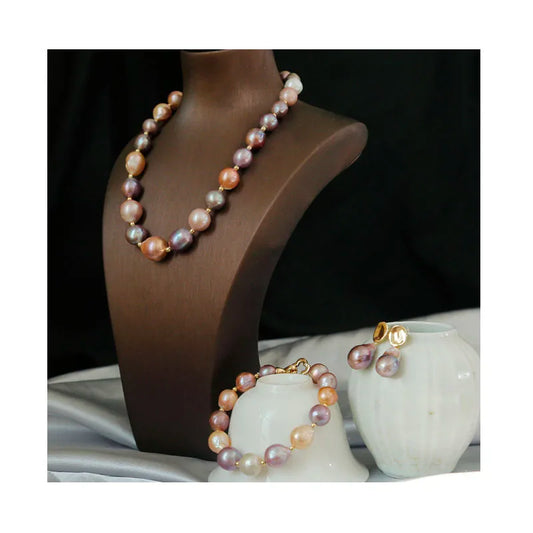 Luxury Natural Purple Edison Freshwater Pearl Necklace, Bracelet & Earrings Set — 18K Gold Plated