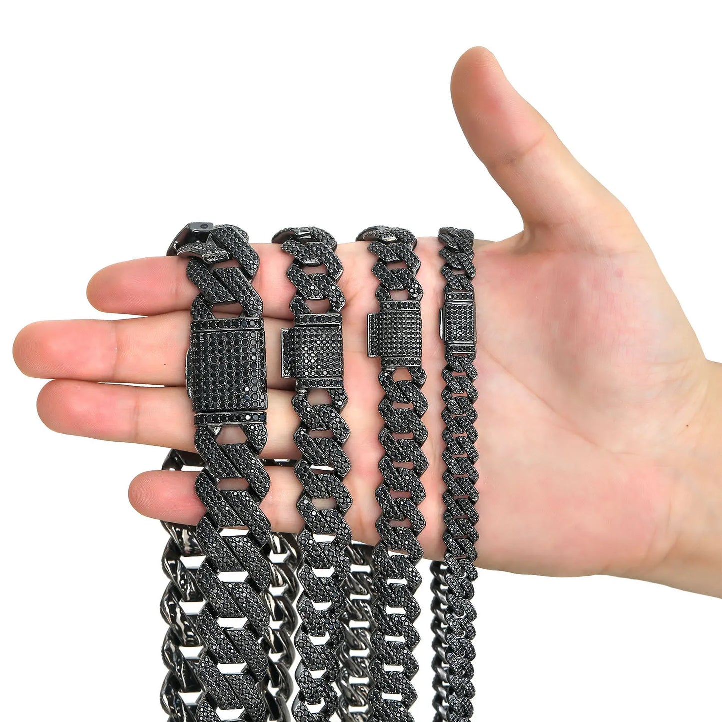 HONEY Hip Hop Jewelry 10/13/15/20mm Black Gun Plated Brass Strip Cuban Necklace Iced Out CZ Prong Cuban Link Chain Men Zircon