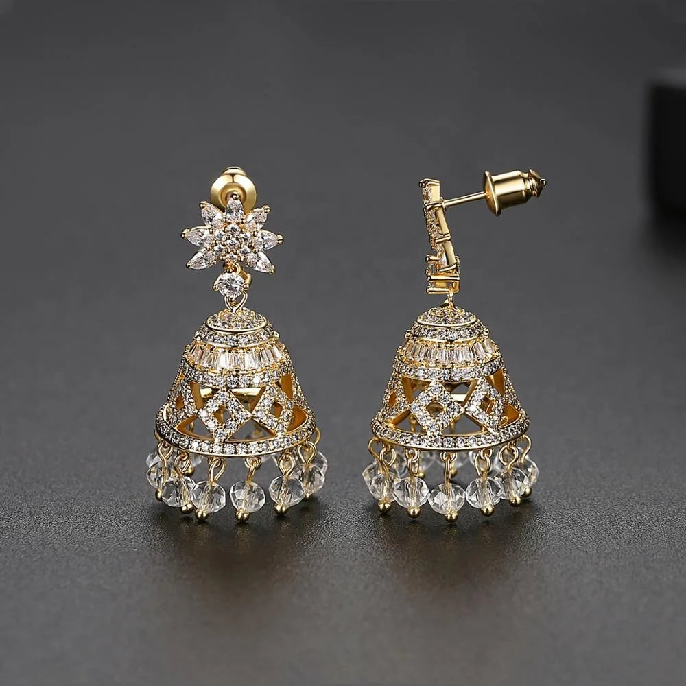 Classic Gold Color Indian Style Big Dangle Drop Earrings Bridal Wedding Inlaid Colorful CZ Star Shape Fashion Jewelry Bling New