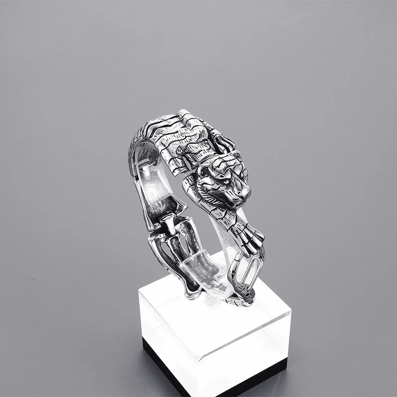 VIKING Mens Punk Tiger, Leopard & Dragon Links Bracelet – Silver Stainless Steel