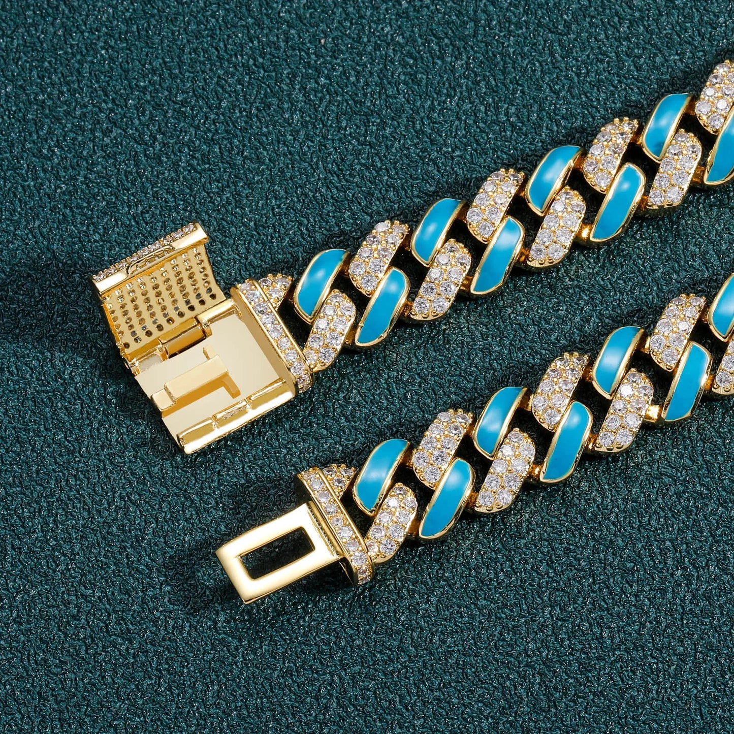 Trendy Hip Hop Jewelry 12mm Wide Bling CZ Iced Out Blue Enamel Strips Cuban Link Chain Bracelet for Women and Men