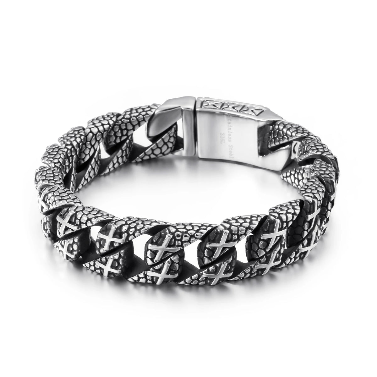 VIKING Mens Punk Pirate Skull Snake Skin Curb Chain Bracelet – Silver Stainless Steel