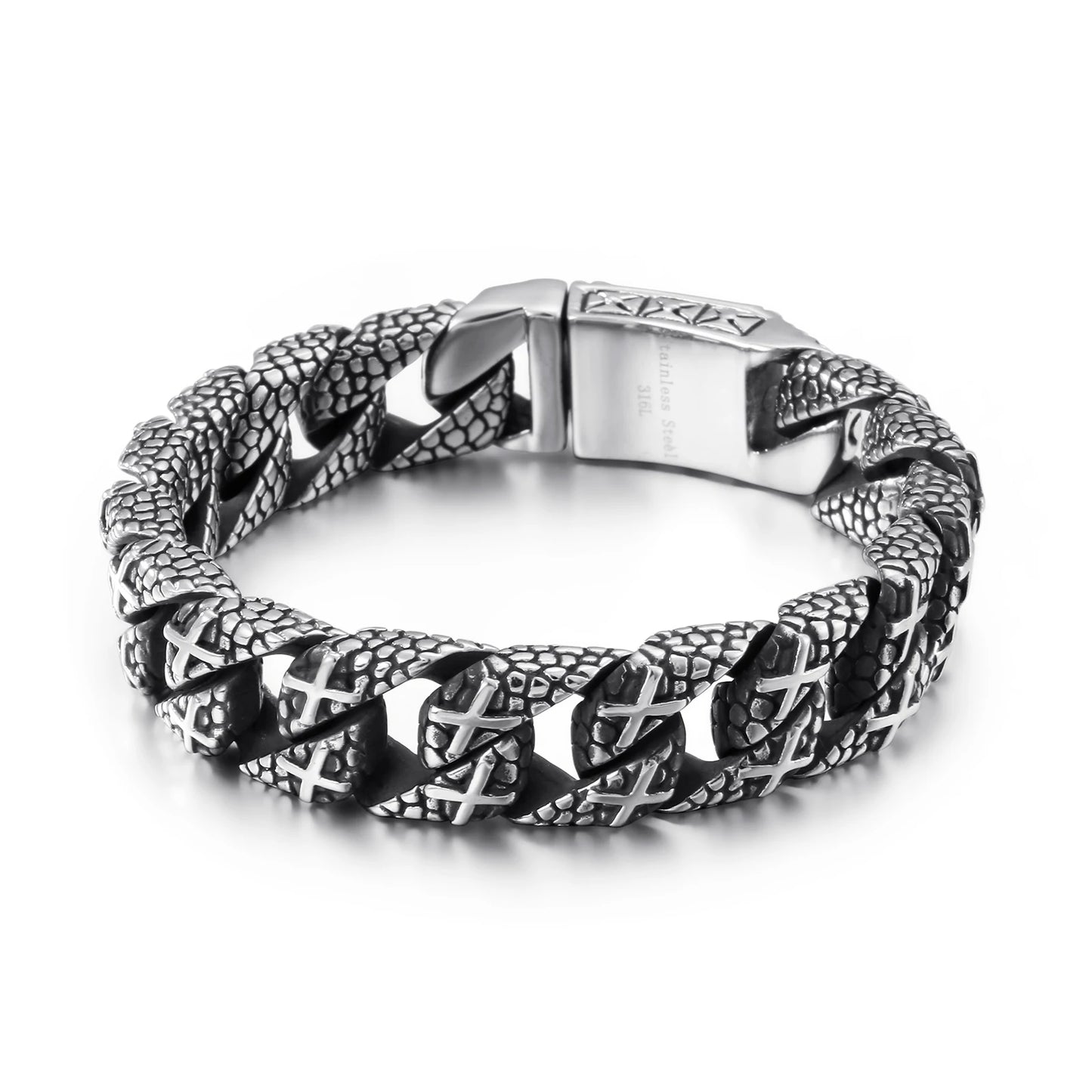 KALEN Pirate Skulls Clasp Skull Charms Snake Skin Pattern Curb Chain Mens Large Stainless Steel Skeleton Cross Bracelet for Men