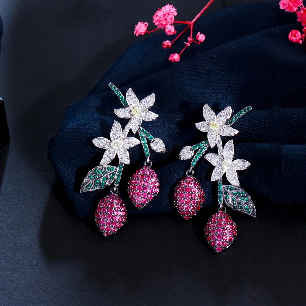 S&S Red CZ Flower Leaf Water Drop Dangle Earrings | Two-Tone | 925 Pin | NewLife
