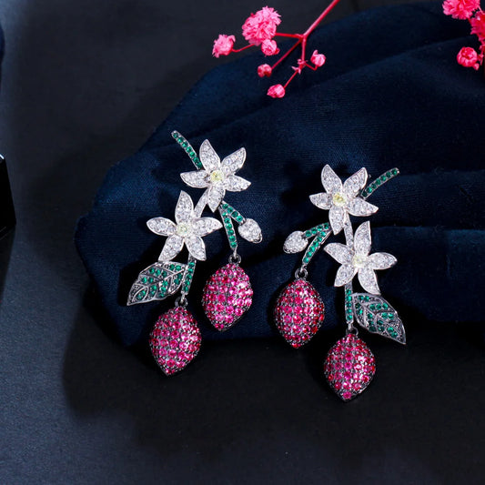 S&S Red CZ Flower Leaf Water Drop Dangle Earrings | Two-Tone | 925 Pin | NewLife