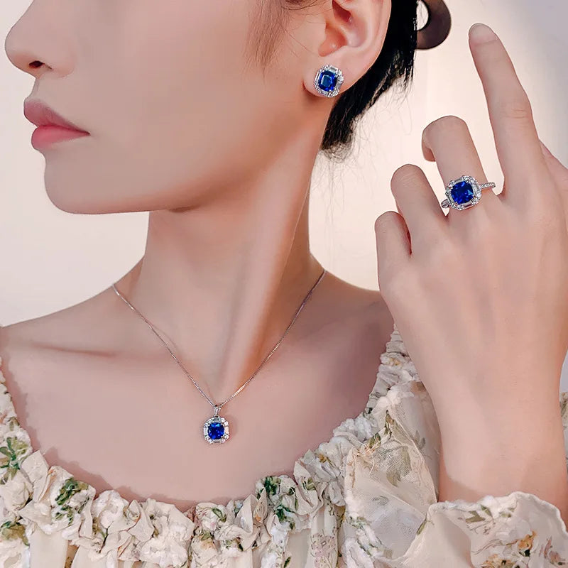 Gemfiori Light Luxury square Sea Blue Zircon Color Treasure Set Pendant Earring Ring Fashionable Temperament Set