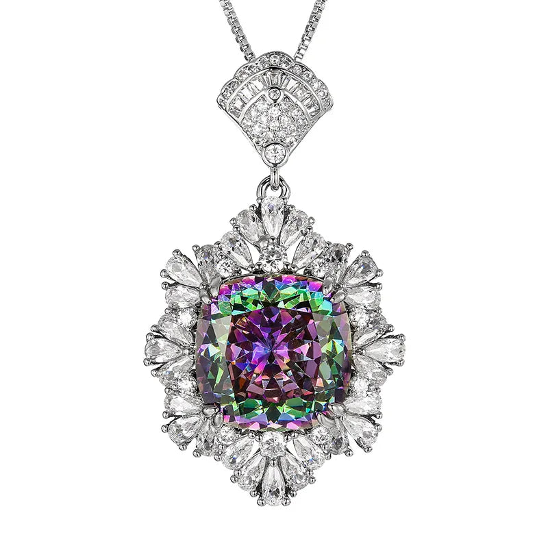 REDheart Square Full Zircon Rhodium Movable Opening Ring Simulation Bird's Nest Cut Seven Color Fashion Wedding Party Gift Pendant Set