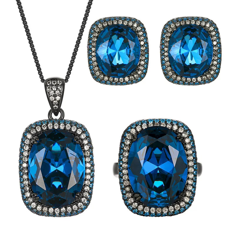 Gemfiori Luxury Vintage Gothic Royal Blue Sapphire Jewelry Set Black Gold Plated Cushion Cut Blue Gem Halo Pendant Necklace Earrings Ring