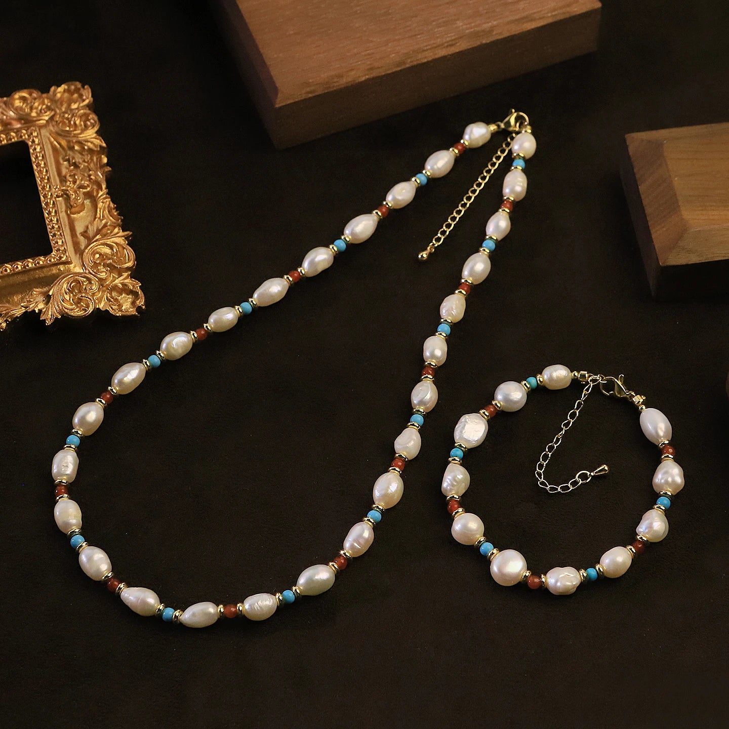 GS0272 Natural Freshwater Pearl, Turquoise & Agate Bohemian Jewellery Set for Women