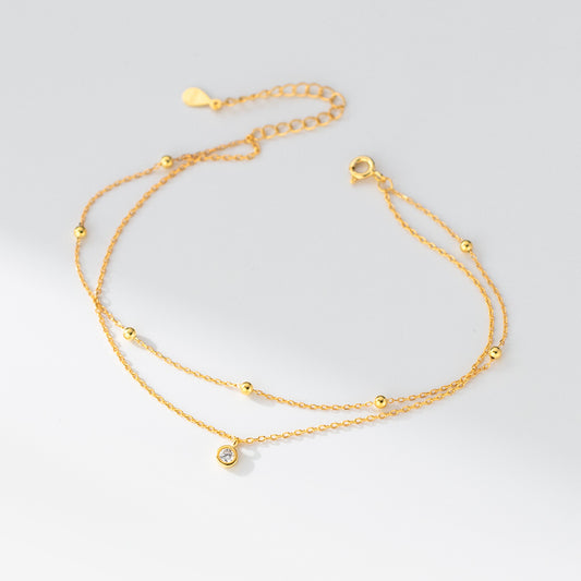 VEWANT Gold Plated Sterling Silver 925 Bohemian Zircon Ball Beaded Station Chain Anklets Adjustable for Women
