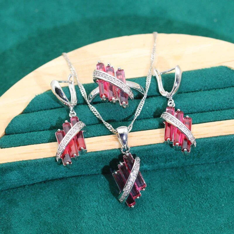 XOTICA Red Zircon Silver Color Wedding Jewelry Set for Women Bracelet Earrings Necklace Pendant Ring for Parties Engagements Birthday