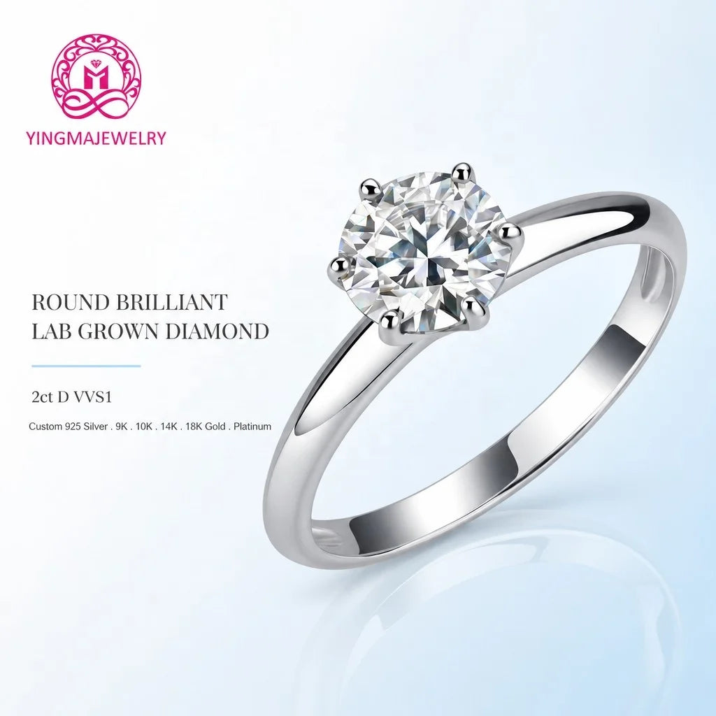 Gioiellieri Classic Six Prong Lab Grown Diamond Ring 2CT D VVS1 Plain Smooth Band 9K 10K 14K 18K Solid Gold Women Premium Fine Jewelry