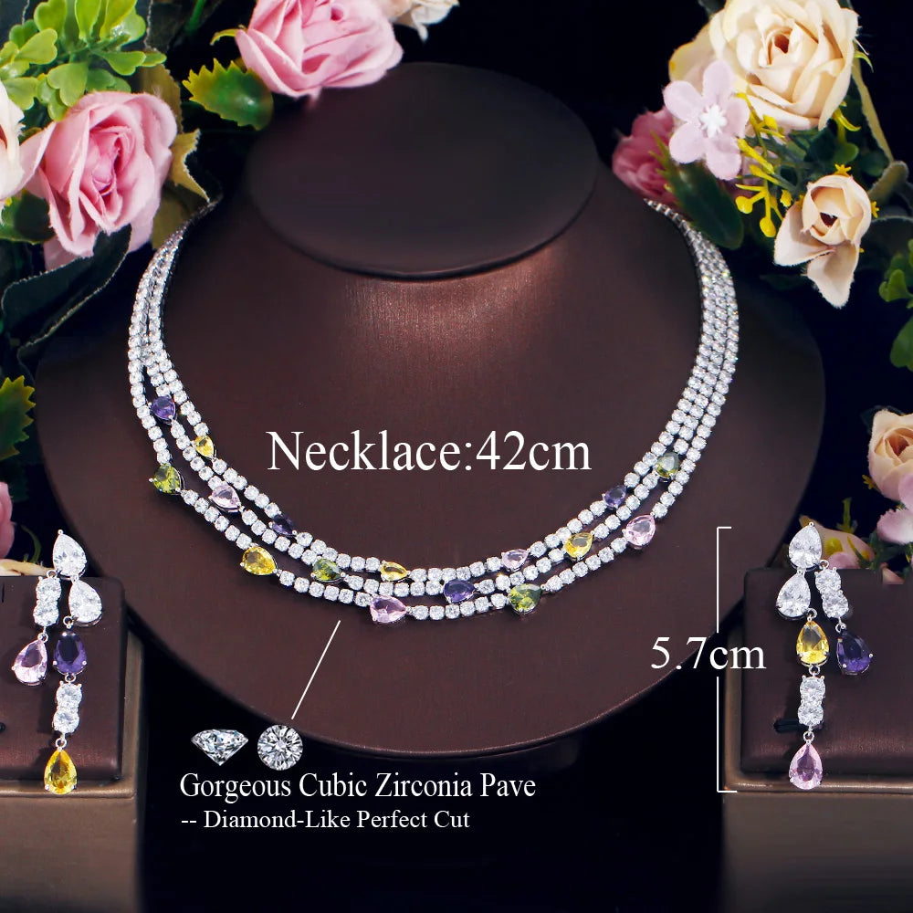 Fashion Rhodium Plated 3 Layer Multicolor Cubic Zirconia Water Drop Women's Party Earrings and Necklace Jewelry Set for Bridal