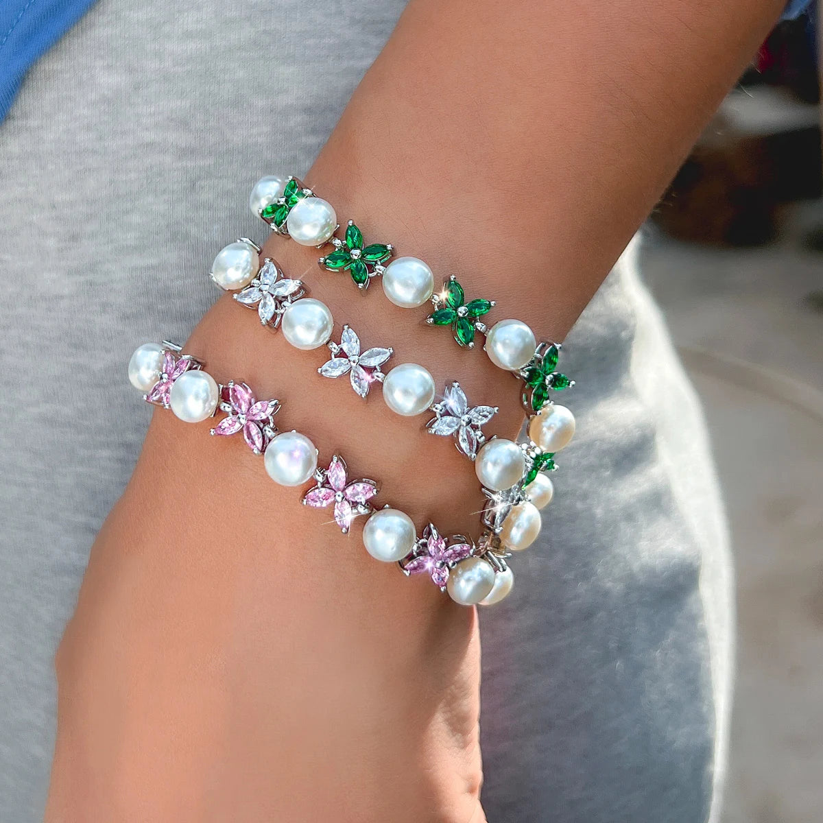 S&S CZ Flower & Leaf Chain Link Bracelet – Pink, Green & White – Collection