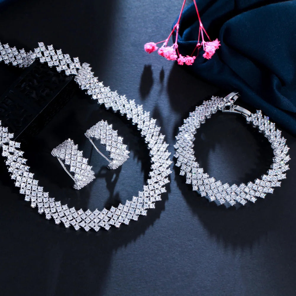 3 Pcs Expensive Shiny Round White Cubic Zircon Crystal Big Wide Luxury Bridal Wedding Jewelry Sets for Women Present Accessories