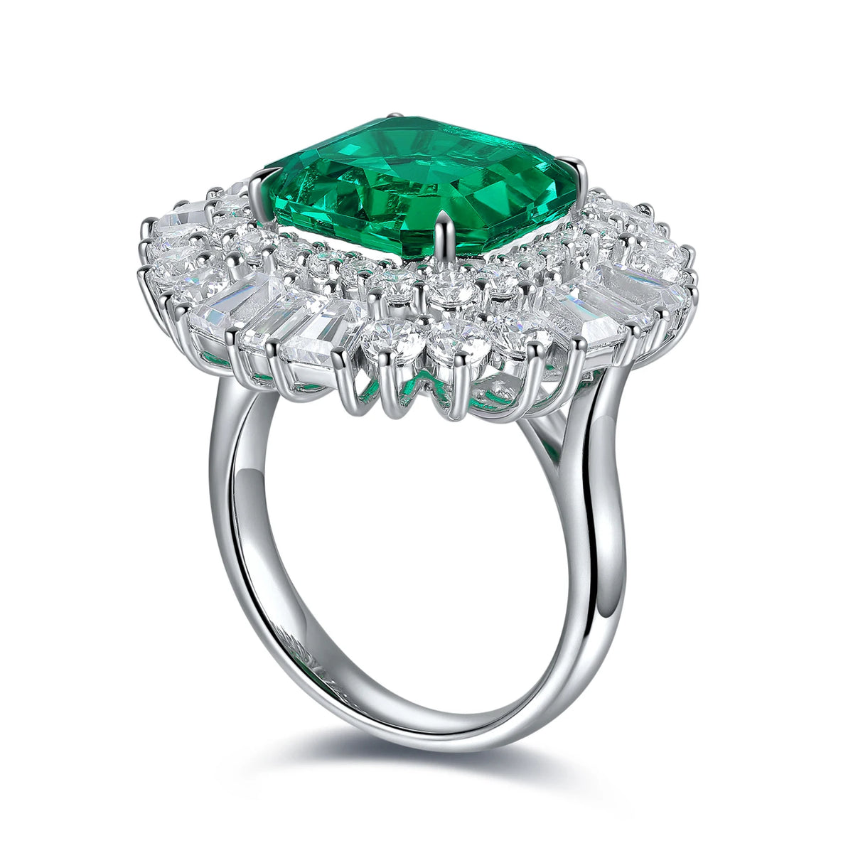 Gemfiori Anster Lab Created Emerald Women Ring S925 Sterling Silver Lab Made Diamonds and Emeralds Ring