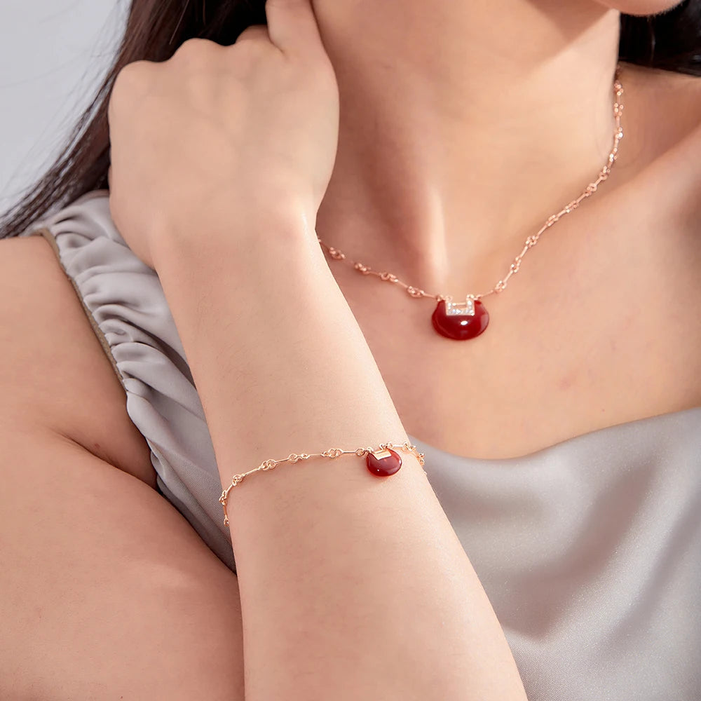 China Ruyi Lock Necklace Bracelet Women's Fashion Jewelry Retro Light Luxury Brass Material Red Agate Manufacturer Direct Sales