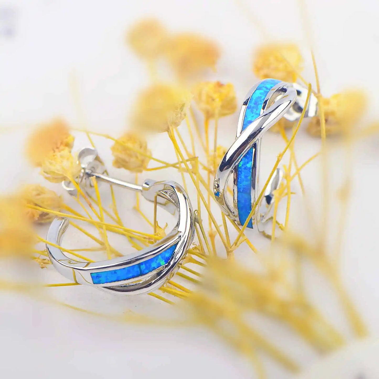 Eternal Twist Opal Huggie Earrings - Blue Fire Opal Inlaid Infinity Design | Minimalist Meaningful Jewelry Bulk Gifts