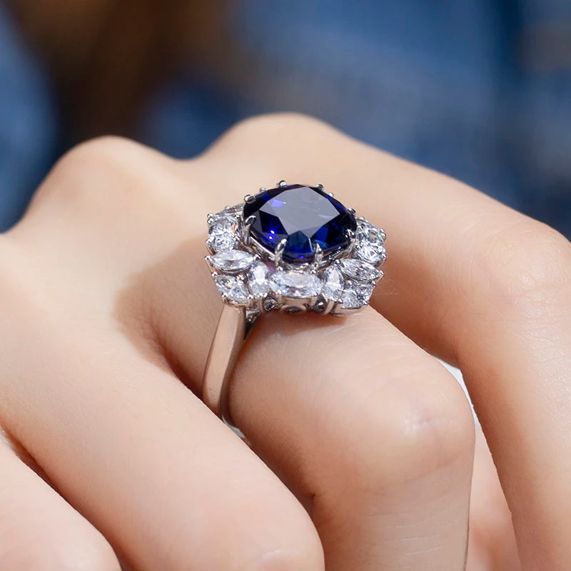 Messi Jewelry MSR-951 S925 Lab Sapphire Cushion Cut Ring Flower Design Engagement Ring  Wedding Band Classic  Gift Band