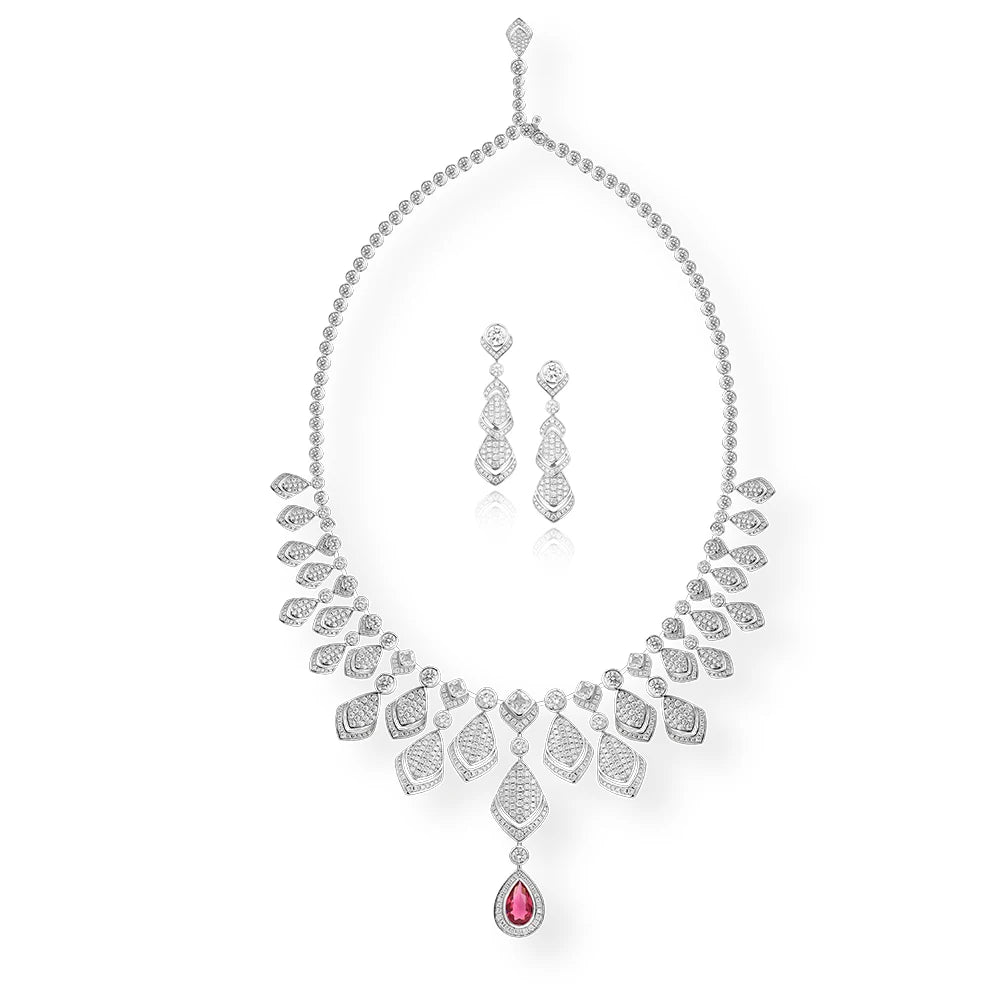 Luxury Jewelry, Banquet, Wedding, Necklace and Earring Set of Brass Gold-plated Colored Zircon Stones