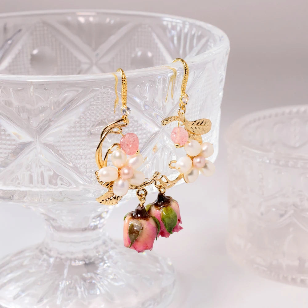 Natural Freshwater Pearl Drop Gel Flower Earrings Korean Style Women Luxury Jewelry Fashion Ladies and Girls Gift GE1524