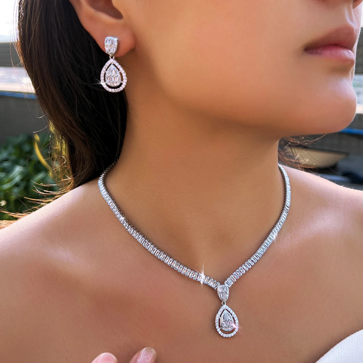Rhodium Plated Baguette Tennis CZ Jewelry Set Cubic Zircon Drop Dangle Necklace Earrings Jewelry Set for Fiancee Engagement