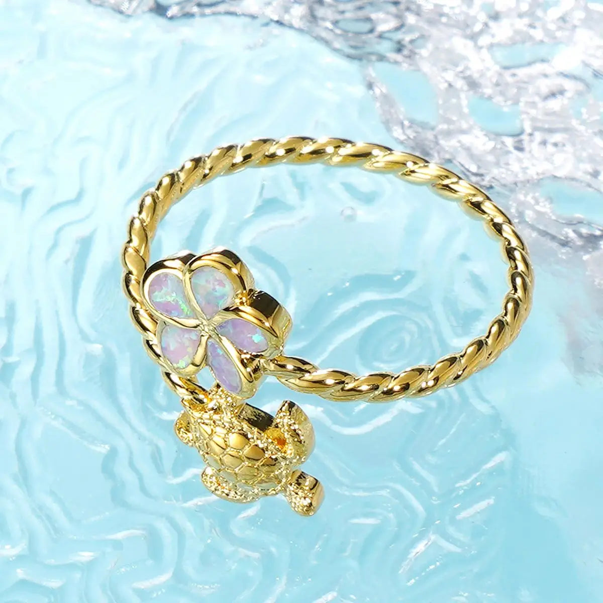 Gold Turtle & Opal Clover Ring | Twisted Band Animal Jewelry