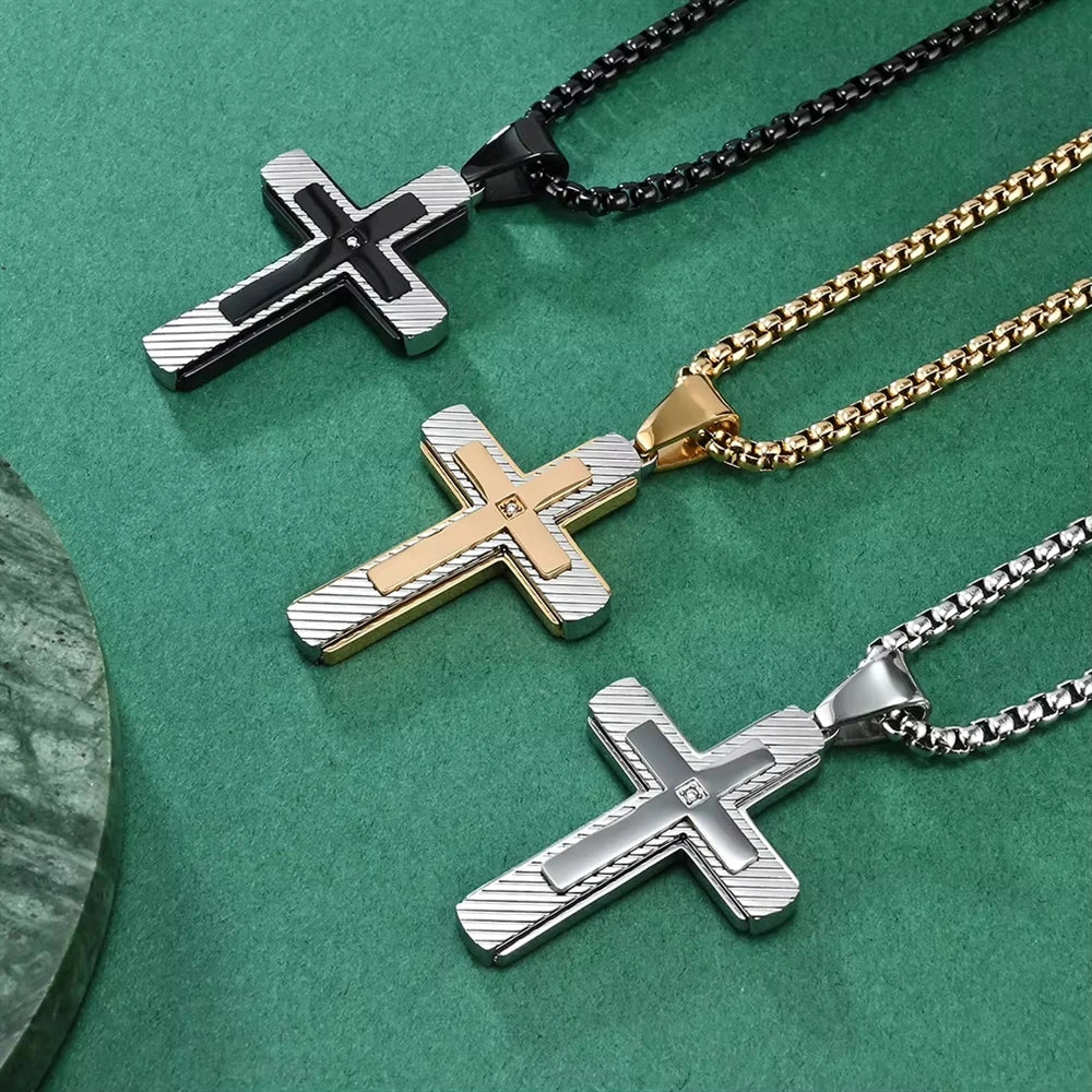 Hip Hop Twill Religious Cross Anti Non Tarnish WaterProof Pvd Stainless Steel Fashion Jewelry Pendant Necklace for Men Wholesale