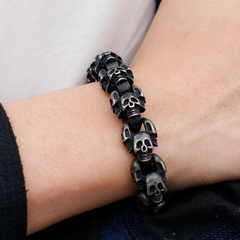 VIKING Mens Punk Big Skeleton Bracelet – Oxidized Black Stainless Steel