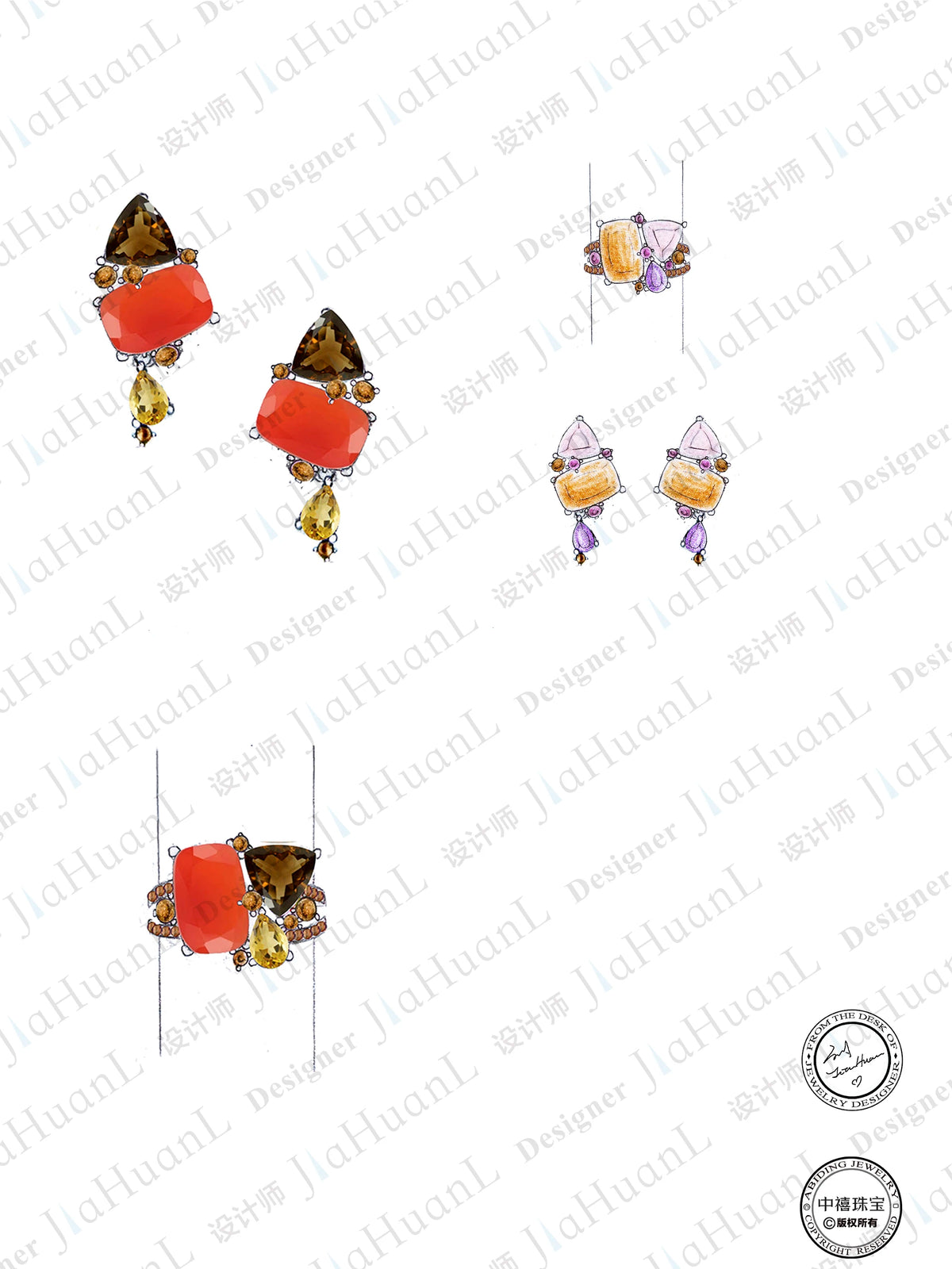 ArtistA C7644 Abiding Classic Beautiful Multiple Gemstone Natural Red Agate Smoky Quartz Citrine Cluster Setting 925 Silver Jewelry Set
