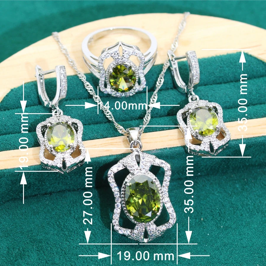 XOTICA 2024 New Olive Green Zircon 925 Sterling Silver Jewelry Sets Wedding Earrings Necklace Pendant Ring Birthday Gifts for Party