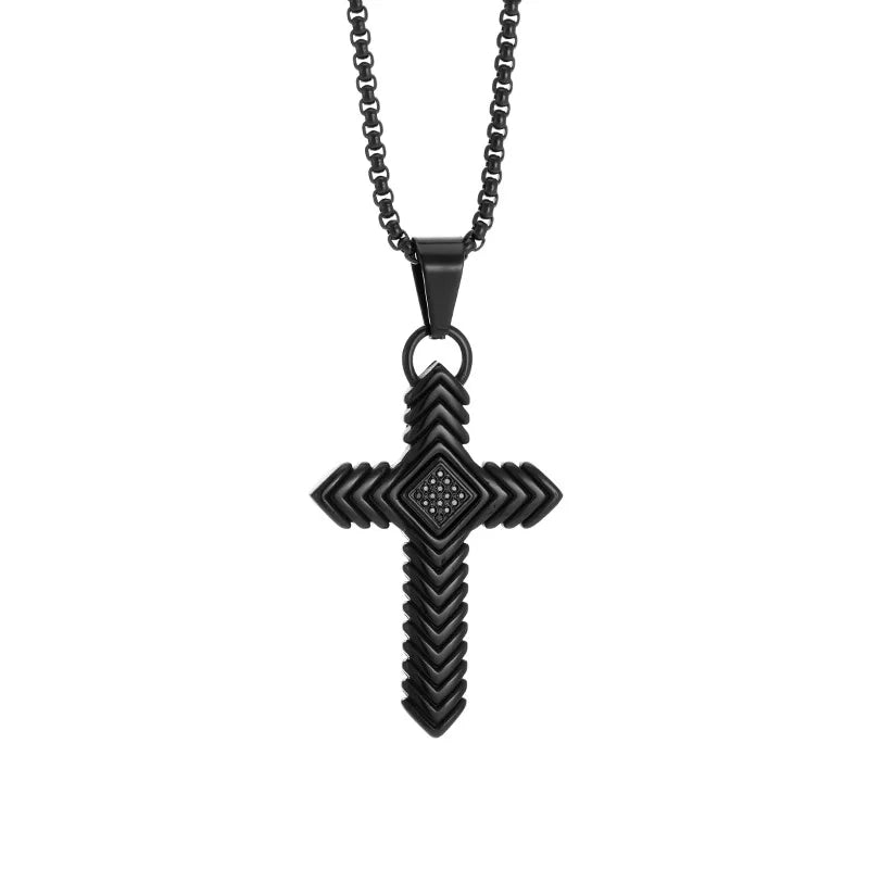 Wholesale Pvd Gold Black Silver Metal Color Plated Hip Hop 316 Stainless Steel with Bling Zircon Striped Cross Pendant Necklace