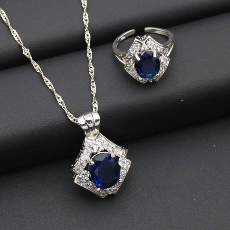 XOTICA Silver Color Alloy Women's Set Wedding Royal Blue Cubic Zirconia Earrings Necklace Pendant Open Ring Bracelet Party Halloween