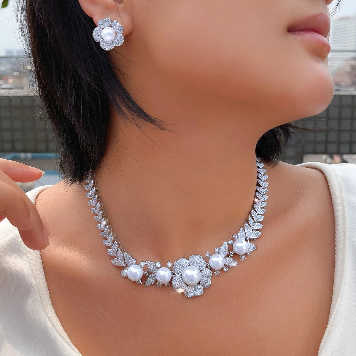 Super Luxury Wedding Bridal Necklace and Earrings Micro Pave Cubic Zircon Big Imitation Pearl Jewelry Set for Women Jewelry Gift