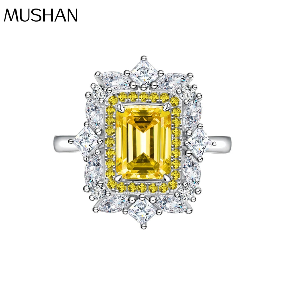 MuShan Jewelry Factory New Goose Yellow Rectangular 6 * 8mm Asche High Carbon Diamond 925 Pure Silver Ring for Women