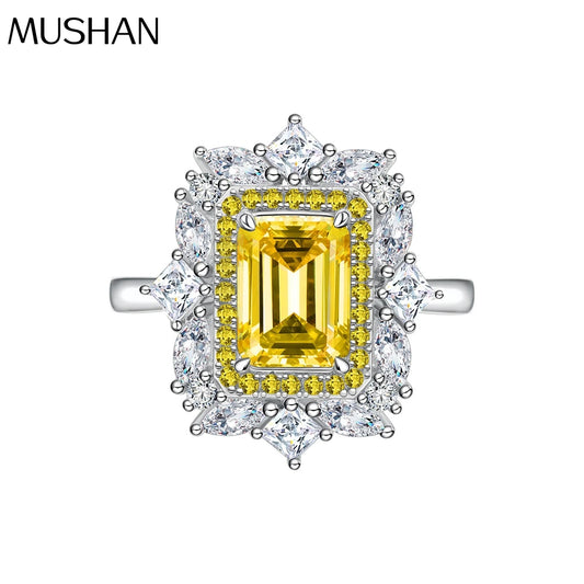MuShan Jewelry Factory New Goose Yellow Rectangular 6 * 8mm Asche High Carbon Diamond 925 Pure Silver Ring for Women