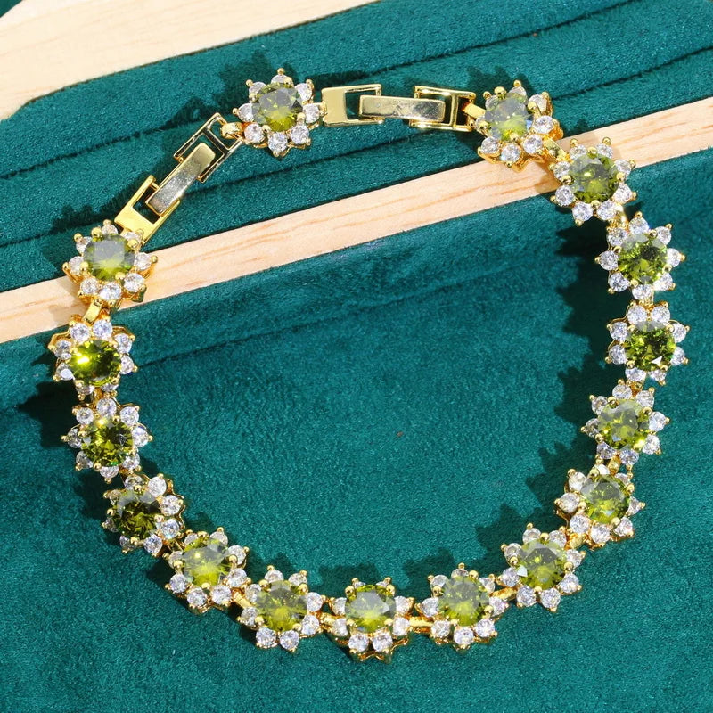 XOTICA Women's Gold Color Jewelry Set Olive Green Zircon Wedding Party Necklace Pendant Bracelet Ring Birthday Gifts for Friends