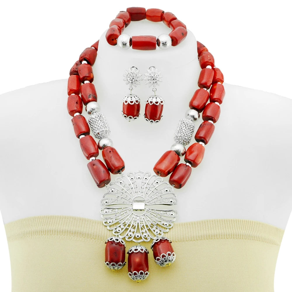 Zhuerrui Red Coral Bead Jewelry Set Handmade Square Tube Bead Necklace and Earrings Set Suitable for Wedding Parties YL233