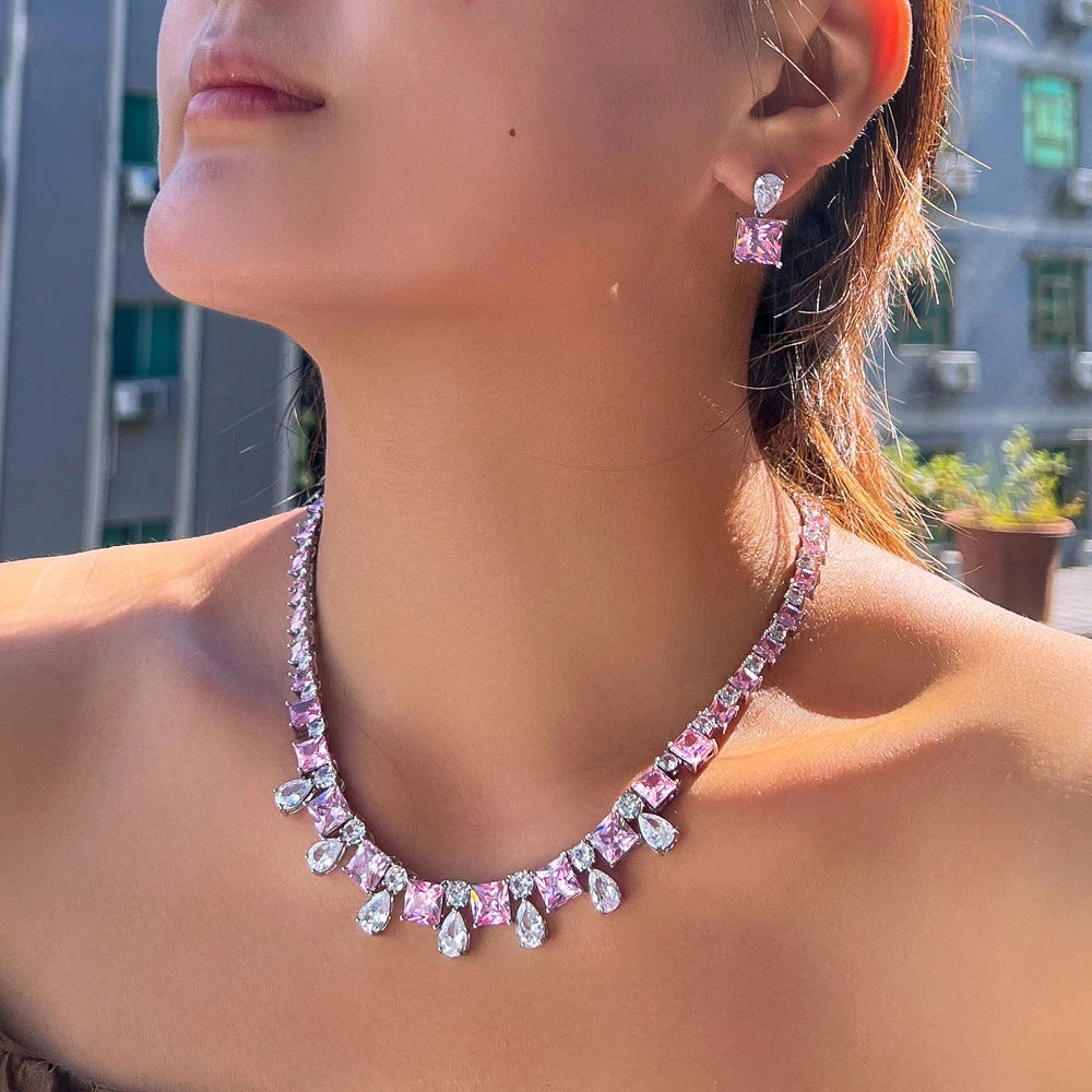 Romantic Pink and White Cubic Zircon Silver Plated Necklace Earring Women Wedding Jewelry Set for Engagement Jewellery Accessory
