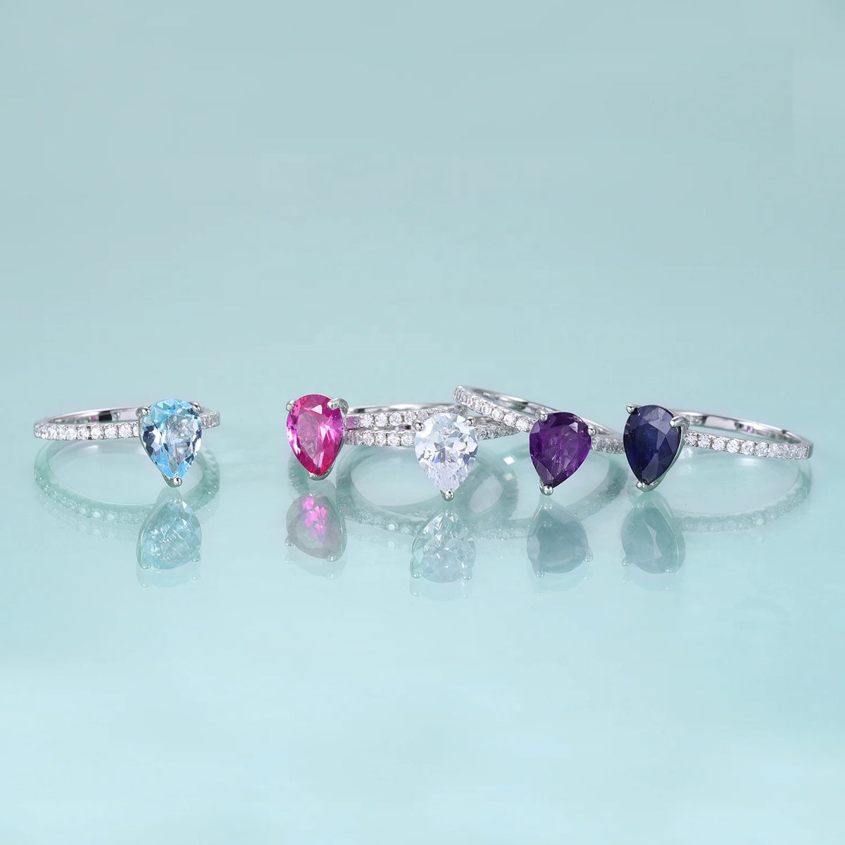 Gemfiori KH067 Abiding Manufacturers Direct Sale 925 Sterling Silver Pear 8*12MM Sky Blue Nano Morganite Rainbow Quartz Solitaire Ring